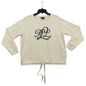 Ralph Lauren Sweatshirt Womens Large White Fleece Drawstring Cursive Script Logo